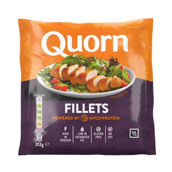 A bag of Quorn Fillets showing the prepared product and information on an orange and charcoal background.