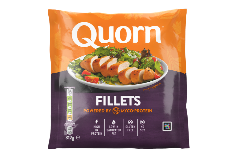 A bag of Quorn Fillets showing the prepared product and information on an orange and charcoal background.