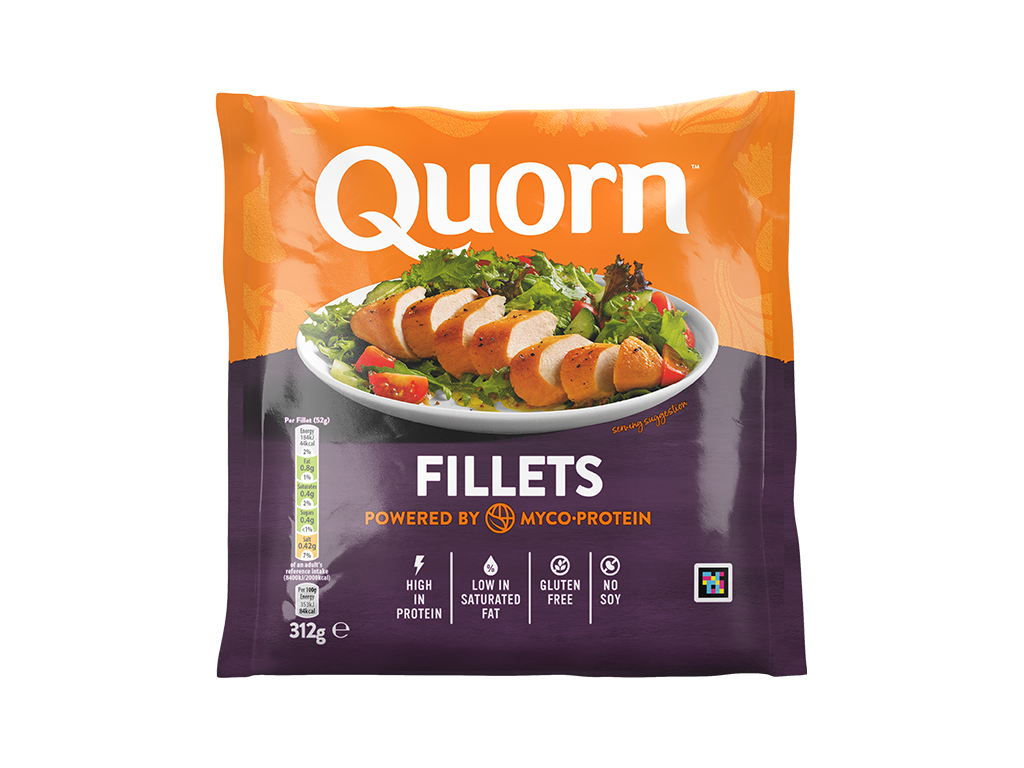 A bag of Quorn Fillets showing the prepared product and information on an orange and charcoal background.