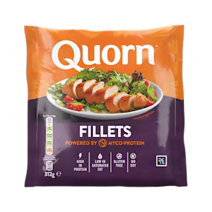 A bag of Quorn Fillets showing the prepared product and information on an orange and charcoal background.