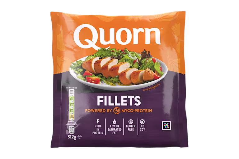 A bag of Quorn Fillets showing the prepared product and information on an orange and charcoal background.