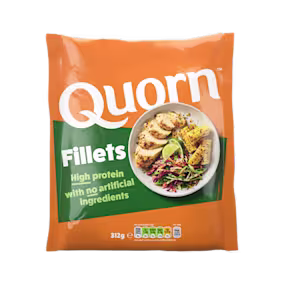 A bag of Quorn Fillets showing the prepared product and information on an orange and charcoal background.