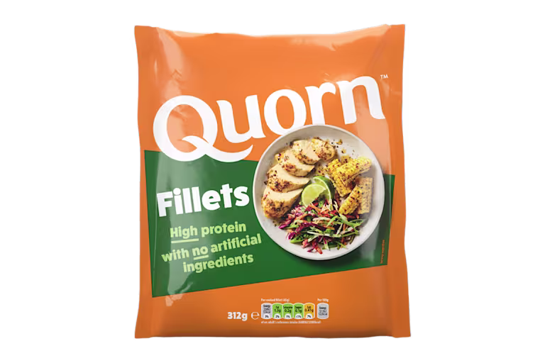 A bag of Quorn Fillets showing the prepared product and information on an orange and charcoal background.
