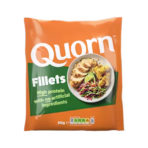 A bag of Quorn Fillets showing the prepared product and information on an orange and charcoal background.