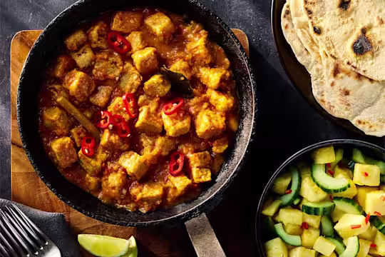 Quorn Vegetarian Rendang Curry served in a dark dish with a side of pineapple and cucumber salad and flatbread.