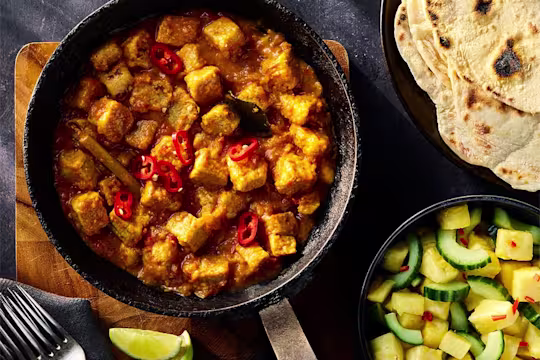 Quorn Vegetarian Rendang Curry served in a dark dish with a side of pineapple and cucumber salad and flatbread.