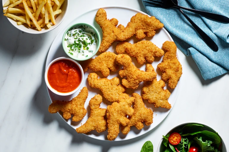 A plate of Quorn Roarsomes Vegan Dino Nuggets with homemade ketchup and vegan yogurt dip on the side as well as a bowl of chips and a bowl of salad.