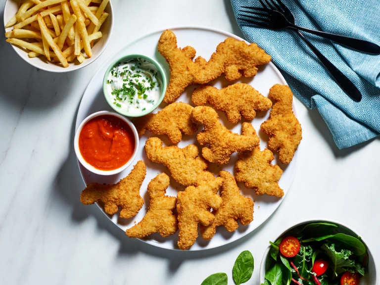 A plate of Quorn Roarsomes Vegan Dino Nuggets with homemade ketchup and vegan yogurt dip on the side as well as a bowl of chips and a bowl of salad.