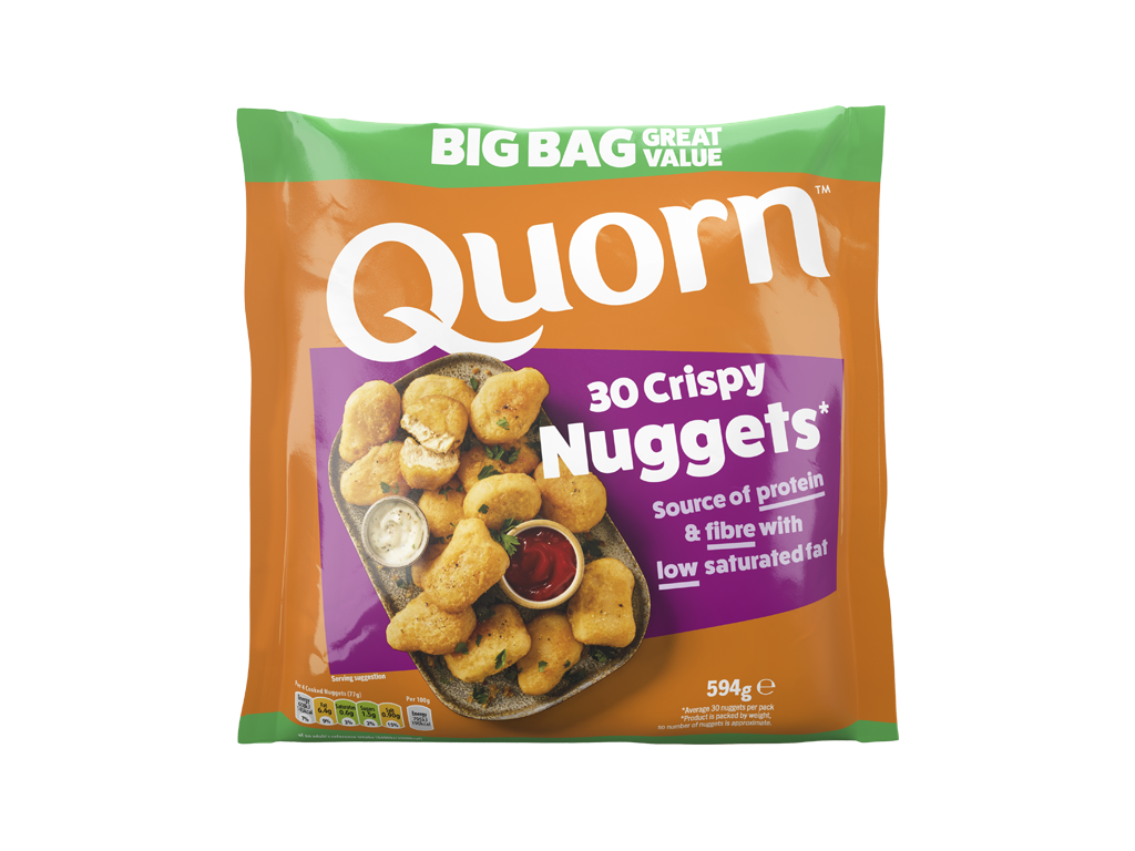 A bag of Quorn Crispy Nuggets showing the prepared product and information on an orange and green background.