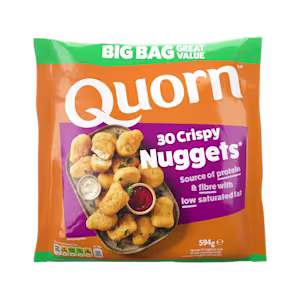 A bag of Quorn Crispy Nuggets showing the prepared product and information on an orange and green background.