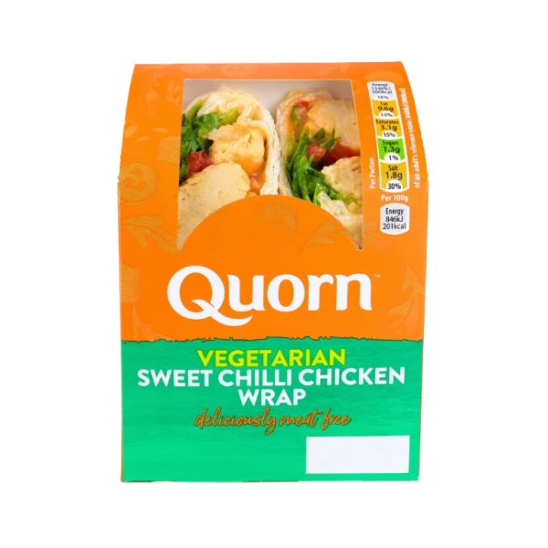 Quorn Vegetarian Chicken Salad Sandwich, made with Quorn Chicken Flavour Deli Slices, tomato, cucumber, lettuce, mayonaise on brown malted bread.