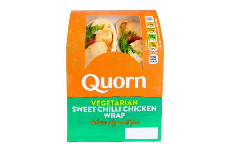 Quorn Vegetarian Chicken Salad Sandwich, made with Quorn Chicken Flavour Deli Slices, tomato, cucumber, lettuce, mayonaise on brown malted bread.