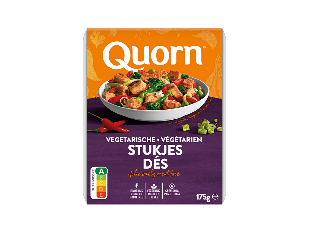 A bag of Quorn Pieces showing the prepared product and information on an orange and charcoal background.