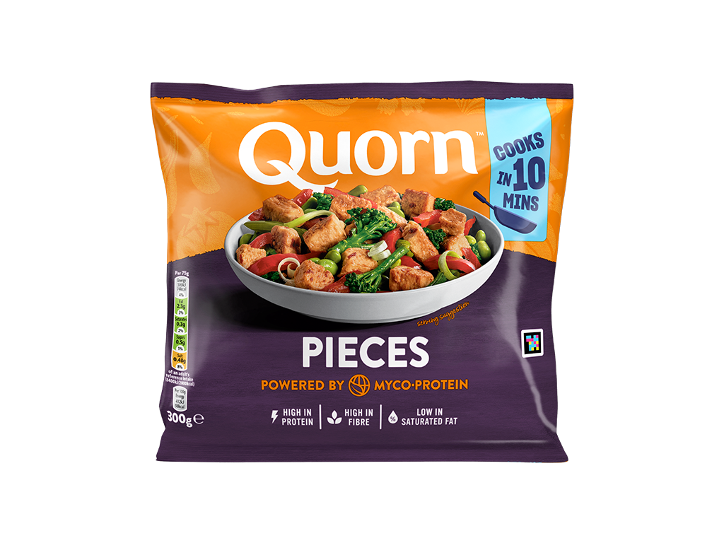 A bag of Quorn Pieces showing the prepared product and information on an orange and charcoal background.