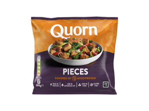 A bag of Quorn Pieces showing the prepared product and information on an orange and charcoal background.