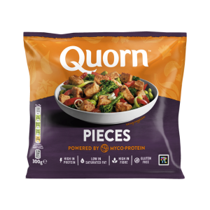 A bag of Quorn Pieces showing the prepared product and information on an orange and charcoal background.