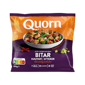 A bag of Quorn Pieces showing the prepared product and information on an orange and charcoal background.