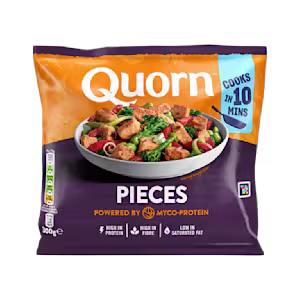 A bag of Quorn Pieces showing the prepared product and information on an orange and charcoal background.