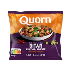 A bag of Quorn Pieces showing the prepared product and information on an orange and charcoal background.