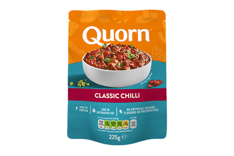 Vegetarian Quorn Classic Chilli Pouch ready meal product packaging with nutritional information