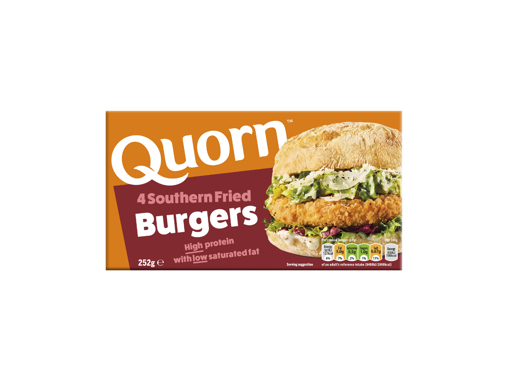 A box of Quorn Southern Fried Burgers showing the prepared product and information on an orange and charcoal background.