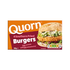 A box of Quorn Southern Fried Burgers showing the prepared product and information on an orange and charcoal background.