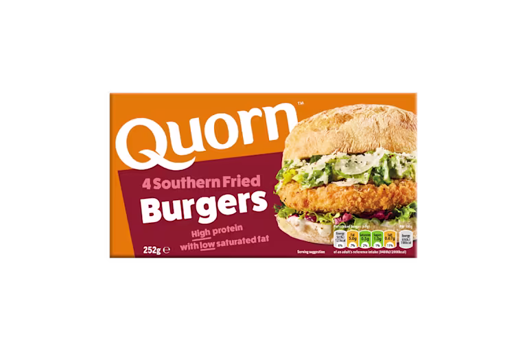 A box of Quorn Southern Fried Burgers showing the prepared product and information on an orange and charcoal background.