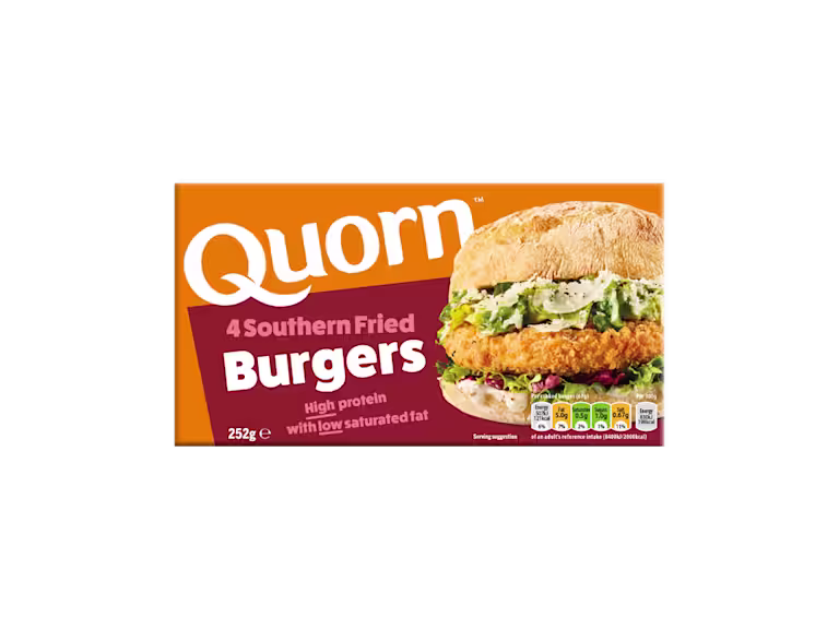 A box of Quorn Southern Fried Burgers showing the prepared product and information on an orange and charcoal background.
