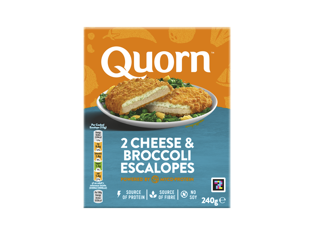 A box of Quorn Cheese & Broccoli Escalopes showing the prepared product and information on an orange and charcoal background.