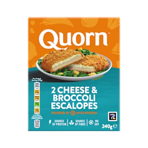 A box of Quorn Cheese & Broccoli Escalopes showing the prepared product and information on an orange and charcoal background.