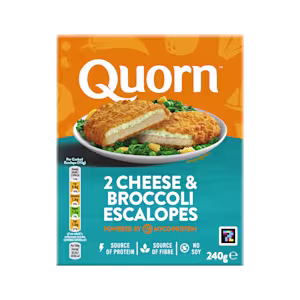 A box of Quorn Cheese & Broccoli Escalopes showing the prepared product and information on an orange and charcoal background.