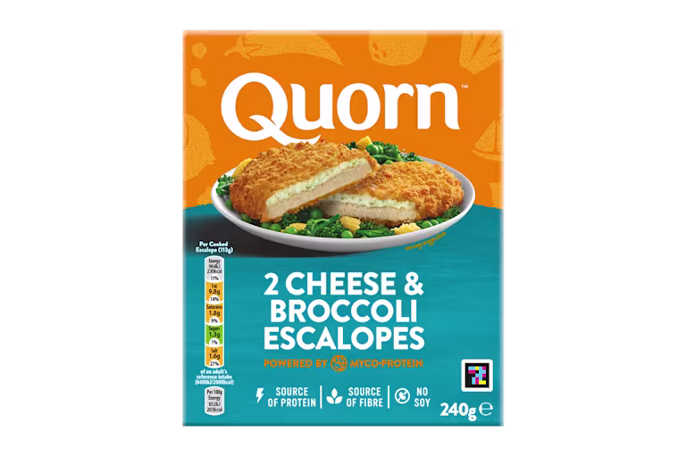 A box of Quorn Cheese & Broccoli Escalopes showing the prepared product and information on an orange and charcoal background.