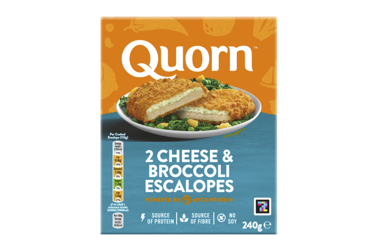 A box of Quorn Cheese & Broccoli Escalopes showing the prepared product and information on an orange and charcoal background.