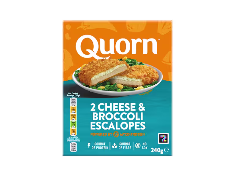 A box of Quorn Cheese & Broccoli Escalopes showing the prepared product and information on an orange and charcoal background.