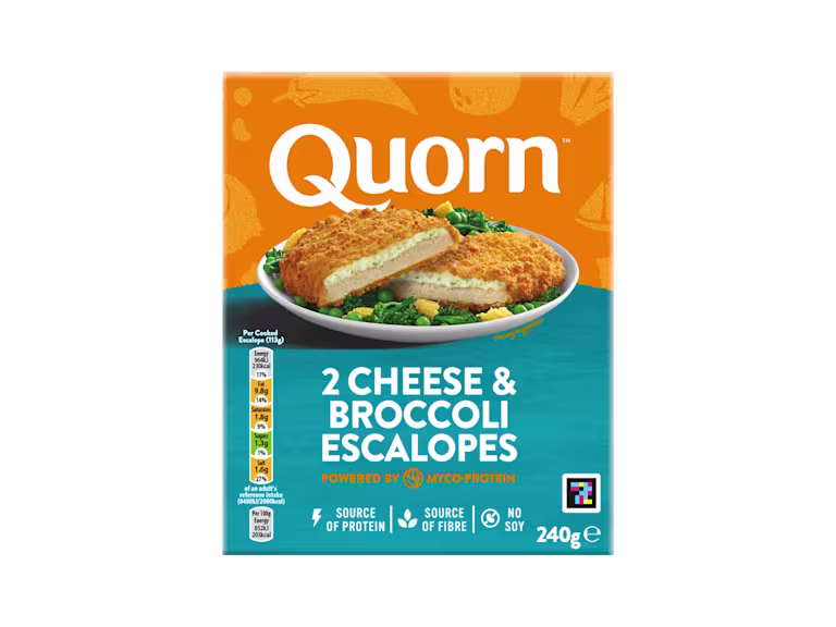 A box of Quorn Cheese & Broccoli Escalopes showing the prepared product and information on an orange and charcoal background.