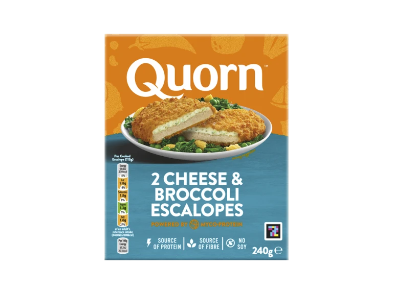 A box of Quorn Cheese & Broccoli Escalopes showing the prepared product and information on an orange and charcoal background.