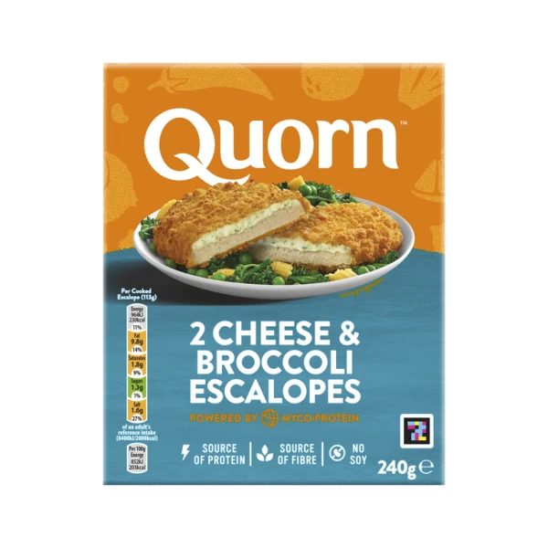 A box of Quorn Cheese & Broccoli Escalopes showing the prepared product and information on an orange and charcoal background.