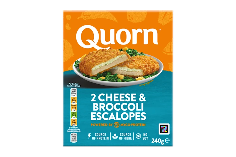 A box of Quorn Cheese & Broccoli Escalopes showing the prepared product and information on an orange and charcoal background.
