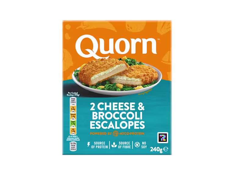 A box of Quorn Cheese & Broccoli Escalopes showing the prepared product and information on an orange and charcoal background.
