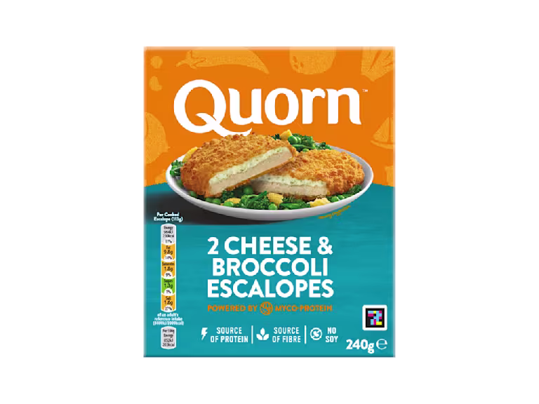 A box of Quorn Cheese & Broccoli Escalopes showing the prepared product and information on an orange and charcoal background.
