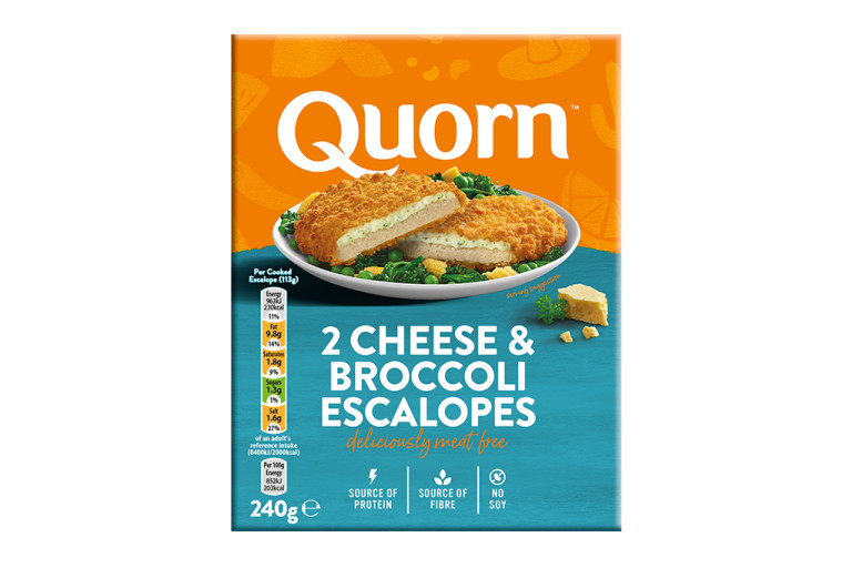 A box of Quorn Cheese & Broccoli Escalopes showing the prepared product and information on an orange and charcoal background.
