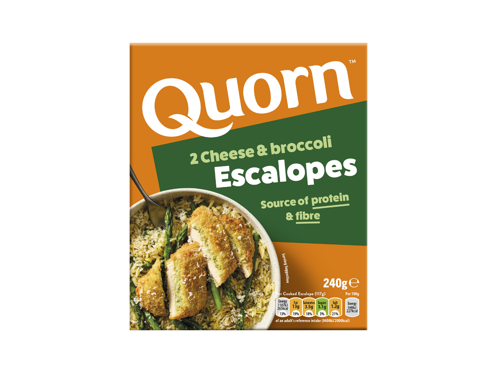A box of Quorn Cheese & Broccoli Escalopes showing the prepared product and information on an orange and charcoal background.