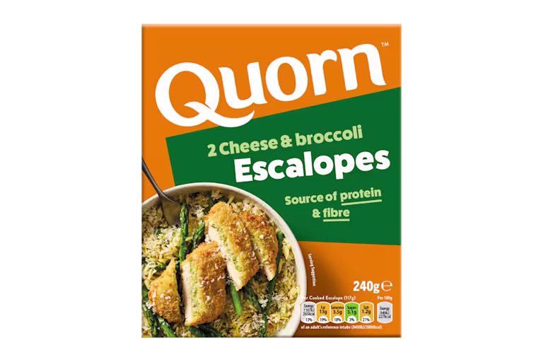 A box of Quorn Cheese & Broccoli Escalopes showing the prepared product and information on an orange and charcoal background.