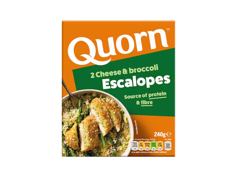 A box of Quorn Cheese & Broccoli Escalopes showing the prepared product and information on an orange and charcoal background.