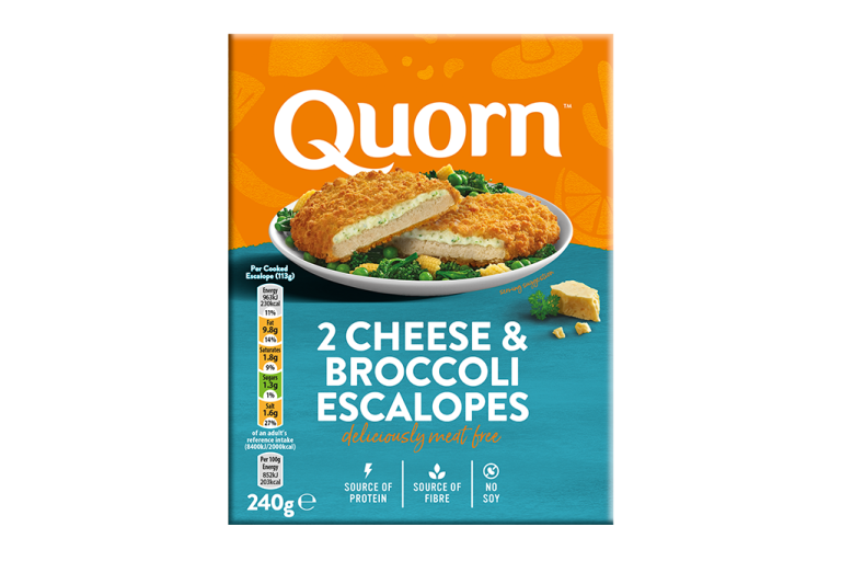 A box of Quorn Cheese & Broccoli Escalopes showing the prepared product and information on an orange and charcoal background.