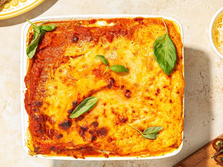 Meatless lasagne with Quorn Meatless Grounds, zuccini ribbons served in a baking dish