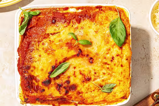 Meatless lasagne with Quorn Meatless Grounds, zuccini ribbons served in a baking dish