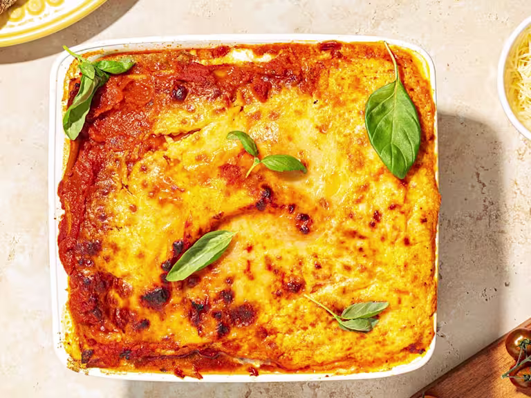 Meatless lasagne with Quorn Meatless Grounds, zuccini ribbons served in a baking dish