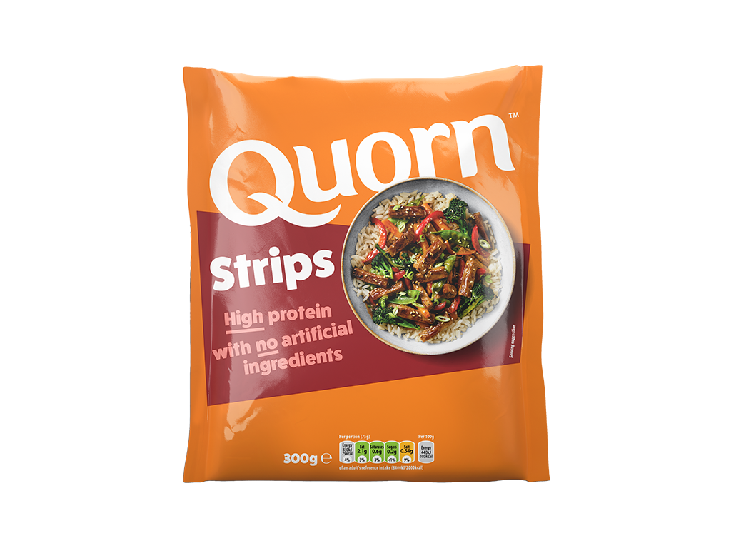 A packet of Quorn Vegetarian Steak Strips showing the plated product and information on an orange and charcoal background.
