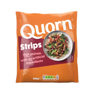 A packet of Quorn Vegetarian Steak Strips showing the plated product and information on an orange and charcoal background.